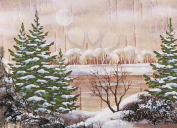 Picture, winter natural landscape. Handmade, drawing distemper on a birch bark