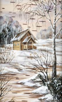 Landscape, house in forest. Drawing distemper on a birch bark