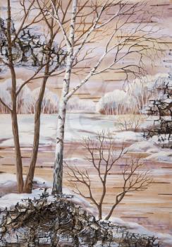 Picture, winter natural landscape. Handmade, drawing distemper on a birch bark