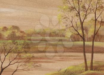 Picture, landscape, distemper, hand-draw painting on wood veneer anegry