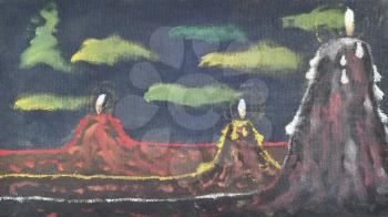 Mountains volcanoes candles. Picture, oil paints, hand-draw painting on canvas