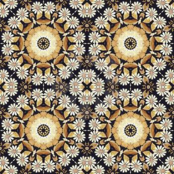 Abstract seamless artistic pattern, floral ornament, handmade applique from painted straw and bark on a black fabric background