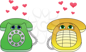 Valentines cartoon: desktop phones, enamoured each other, communicate calls. Vector