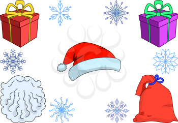 Objects Connected with the Santa Claus, Gift Boxes, Bag with Gifts, Beard, Cap, Snowflakes. Vector