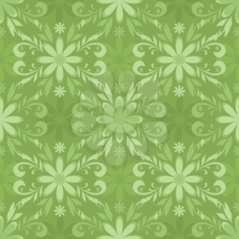 Seamless floral background, green symbolical silhouettes and contours flowers. Vector