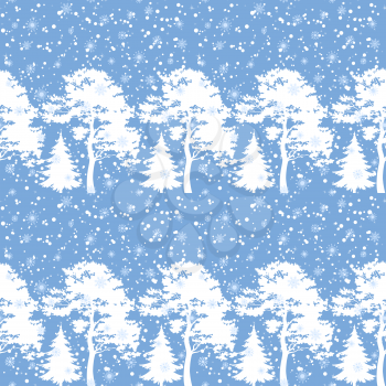Seamless Christmas background, winter forest with trees silhouettes and snow. Vector