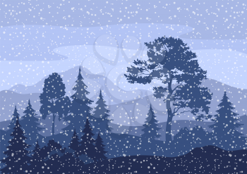 Christmas Winter Mountain Landscape with Pine and Firs Trees, Sky with Snow and Clouds. Eps10, Contains Transparencies. Vector