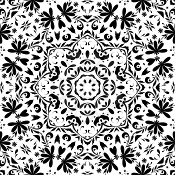 Seamless Floral Pattern, Black Contours Isolated on White Background. Vector