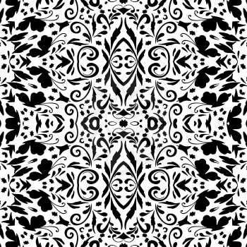 Seamless abstract floral pattern with symbolical butterflies, black silhouettes on white background. Vector
