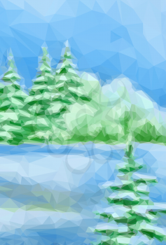Winter Christmas Forest Landscape with Fir Trees, Bushes and a Blue Sky. Low Poly Style