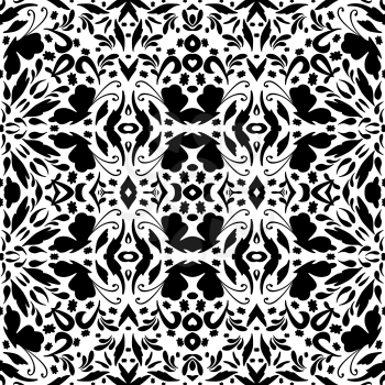 Seamless abstract floral pattern with symbolical butterflies, black silhouettes on white background. Vector