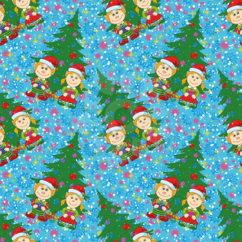 Seamless holiday Christmas background, cartoon child elves with gift boxes near fir tree. Vector