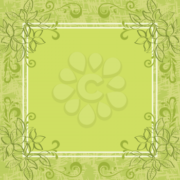 Abstract green floral background. Contour leaves, frame and grunge pattern. Vector