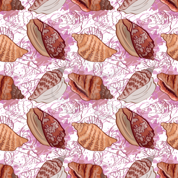 Seamless background, pattern with marine seashells and contour. Vector