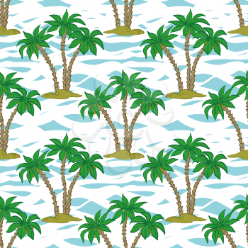 Seamless Pattern, Exotic Landscape, Tropical Palm Trees and Tile Blue and White Background. Vector