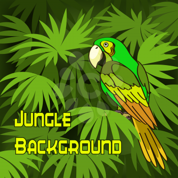 Tropical Landscape, Parrot on Green Leaves Exotic Plants. Vector