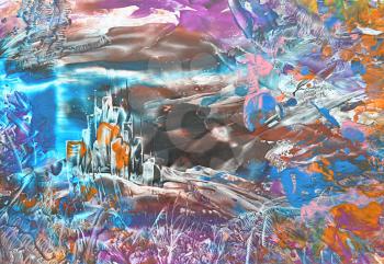 Picture, Oil Painting Fantastic Abstract Landscape, Symbolical Castle
