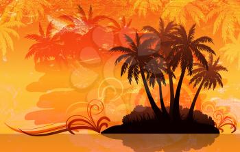 Exotic Tropical Landscape, Palm Trees Silhouettes Against the Background of the Orange Morning or Evening Sky, Sunrise or Sunset