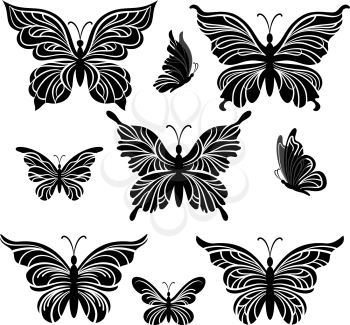 Symbolical Butterflies Pictograms, Black Contours Isolated on White Background. Vector