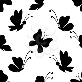 Seamless background, black silhouettes various butterflies on white. Vector