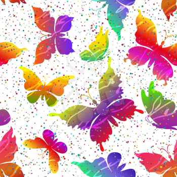 Seamless Pattern, Exotic Butterflies Colorful Silhouettes on Abstract Tile Background. Vector