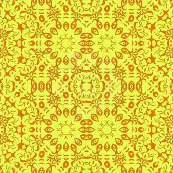 Abstract seamless background with orange symbolical floral patterns on yellow. Vector