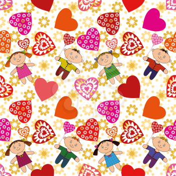 Seamless Valentine Holiday Background with Hearts, Flowers and Children, Cheerful Cartoon Boys and Girls with Heart Shaped Balloons. Vector