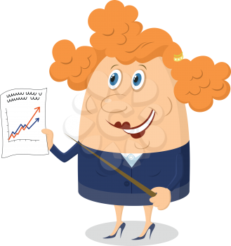 Business lady with pointer and graph showing the growth dynamics, funny cartoon character. Vector
