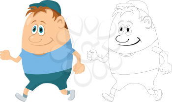 Running sportsman, cartoon character, color version and black contour isolated on white background. Vector