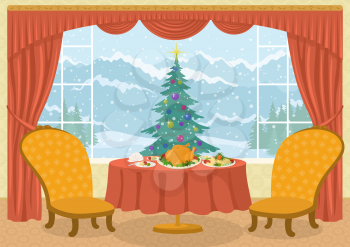 Christmas holiday background, Room with two chairs and dining table with festive meals on platters in front of the window with fir tree and winter mountain view, cartoon illustration. Eps10, contains 