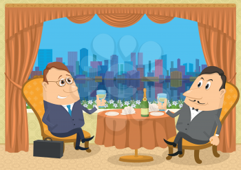 Two respectable men sitting near the table in a restaurant with view on big city and raising a toast, celebrating a successful transaction, funny cartoon illustration. Vector
