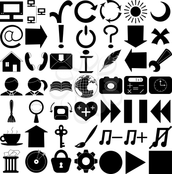 Set various icons, computer signs and buttons, black silhouettes isolated on white background. Vector
