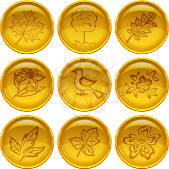 Set of round yellow icons buttons with nature pictogram symbols, isolated on white background. Eps10, contains transparencies. Vector