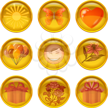 Set of round yellow icons buttons with holiday symbols, isolated on white background. Eps10, contains transparencies. Vector