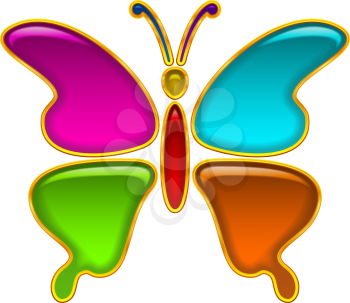 Colorful Glossy Button in Shape of Butterfly with Multicolored Details and Golden Frames, Computer Icon for Web Design. Eps10, Contains Transparencies. Vector