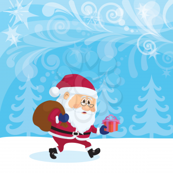 Santa Claus with a Bag of Gifts Walking in Winter Forest, Christmas Cartoon. Eps10, Contains Transparencies. Vector