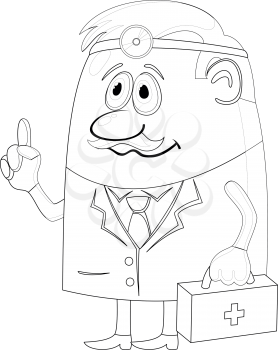Doctor, cartoon character, man in uniform with first-aid kit and head mirror, contour. Vector