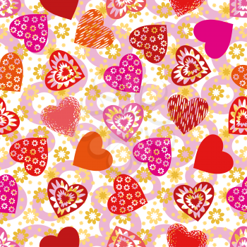 Valentine Holiday Seamless Pattern with Red and Pink Hearts on White Background with Flowers and Circles. Vector