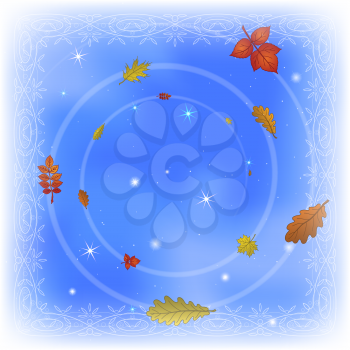 Abstract background with autumn leaves of various plants flying in blue sky. Eps10, contains transparencies. Vector