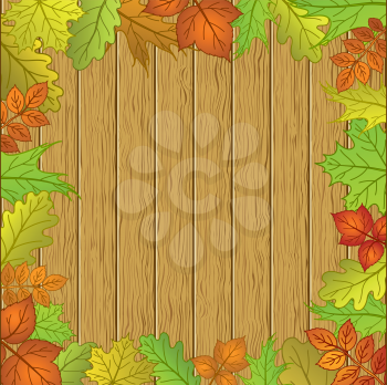 Vector, framework from leaves of various plants and wooden board fence