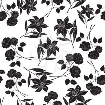 Seamless floral pattern, black rose and lily contours isolated on white background. Vector