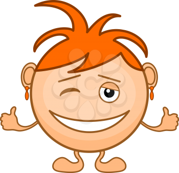 Smiley girl with orange hair grins, winks and shows sign okay. Vector