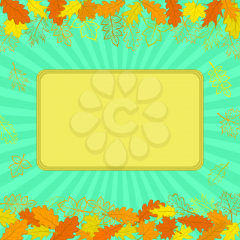 Vector framework on green background and various autumn leaves