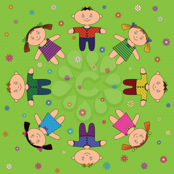 Children boys and girls resting, lying on flower green meadow. Vector