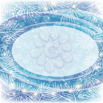 Christmas Blue Background for Holiday Design with Oval Frame, Flashes and White Pine Branches. Eps10, Contains Transparencies. Vector