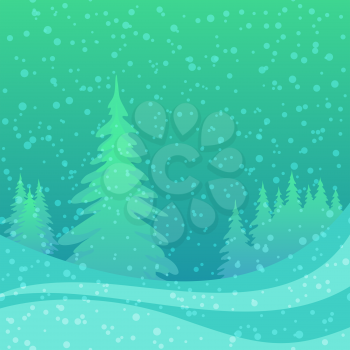 Christmas fairy landscape, background for holiday design, winter forest with fir trees, green snow and sky and confetti. Vector eps10, contains transparencies