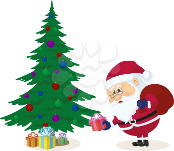 Cheerful Santa Claus with a bag of gifts putting gift boxes under fir tree, Christmas holiday illustration, funny cartoon character isolated on white background. Vector