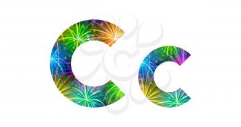 Set of English letters signs uppercase and lowercase C, stylized colorful holiday firework with stars and flares, elements for web design. Eps10, contains transparencies. Vector
