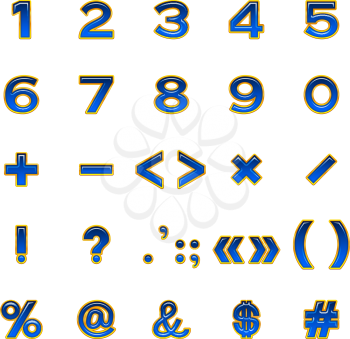 Set of computer icons, numbers, mathematical and punctuation signs, stylized glass blue buttons with golden frames, elements for web design. Eps10, contains transparencies. Vector