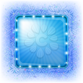 Blue holiday background, frame with rays and abstract pattern on backdrop, vector eps10, contains transparencies